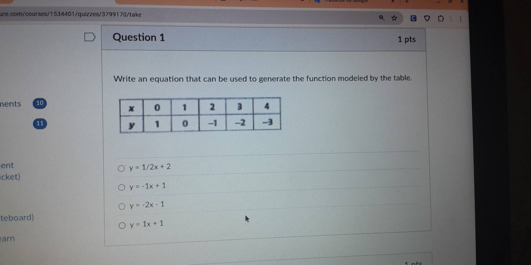 Write an equation that can be used to generate the function modeled by the table.
nents 10
11
ent
y=1/2x+2
icket)
y=-1x+1
y=-2x-1
teboard)
y=1x+1
arn