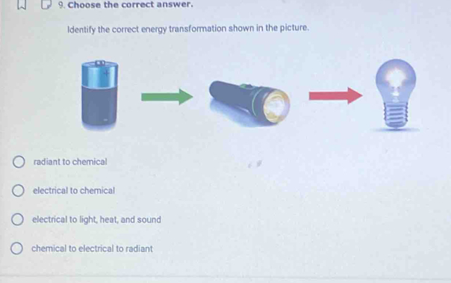 Choose the correct answer.
ldentify the correct energy transformation shown in the picture.
radiant to chemical
electrical to chemical
electrical to light, heat, and sound
chemical to electrical to radiant