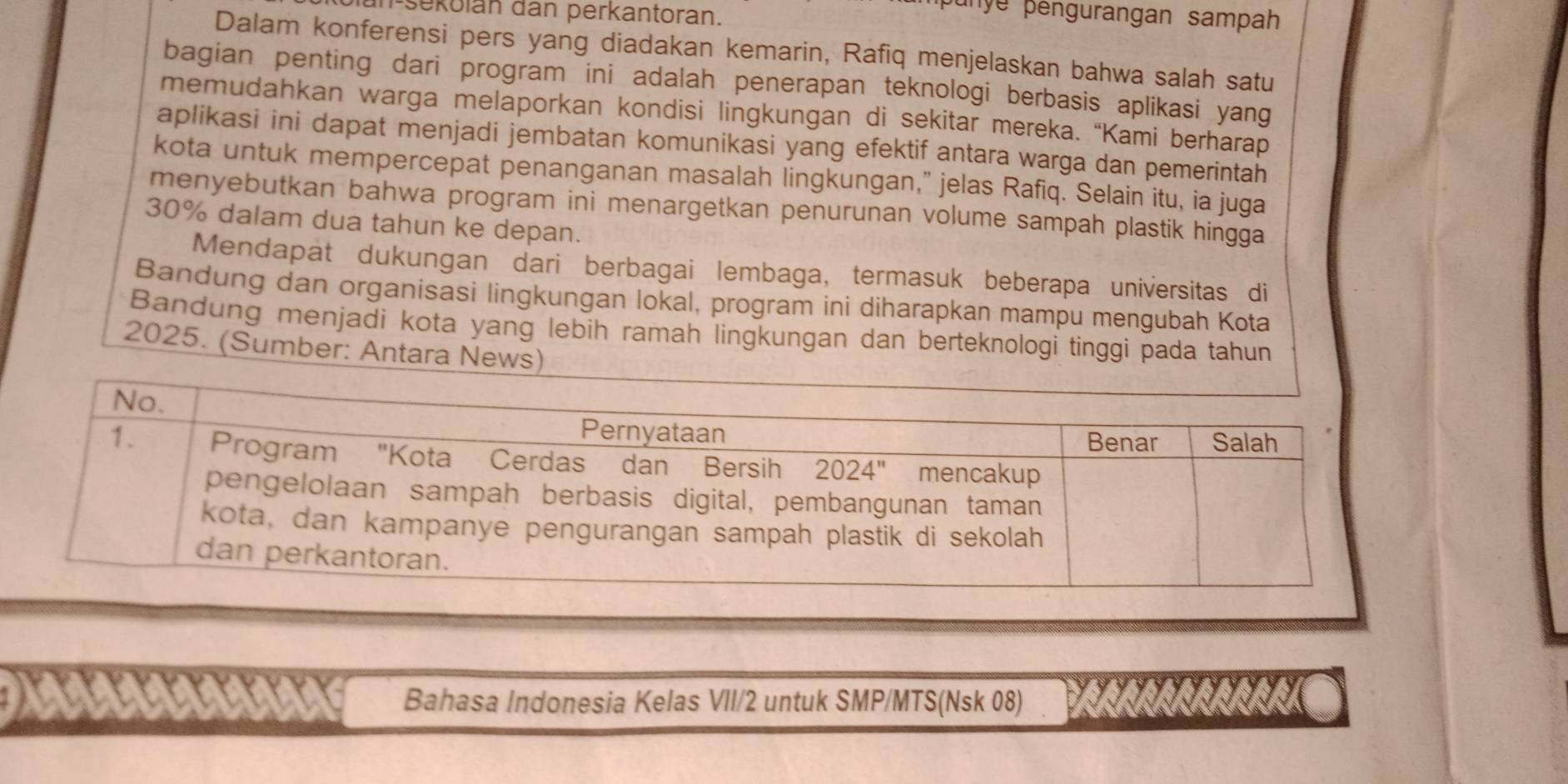 n-sekolán dan perkantoran.
pnye pengurangan sampah
Dalam konferensi pers yang diadakan kemarin, Rafiq menjelaskan bahwa salah satu
bagian penting dari program ini adalah penerapan teknologi berbasis aplikasi yang
memudahkan warga melaporkan kondisi lingkungan di sekitar mereka. “Kami berharap
aplikasi ini dapat menjadi jembatan komunikasi yang efektif antara warga dan pemerintah
kota untuk mempercepat penanganan masalah lingkungan,” jelas Rafiq. Selain itu, ia juga
menyebutkan bahwa program ini menargetkan penurunan volume sampah plastik hingga
30% dalam dua tahun ke depan.
Mendapat dukungan dari berbagai lembaga, termasuk beberapa universitas di
Bandung dan organísasi lingkungan lokal, program ini diharapkan mampu mengubah Kota
Bandung menjadi kota yang lebih ramah lingkungan dan berteknologi tinggi pada tahun
2025. (Sumber: Antara News)
a
Bahasa Indonesia Kelas VII/2 untuk SMP/MTS(Nsk 08)