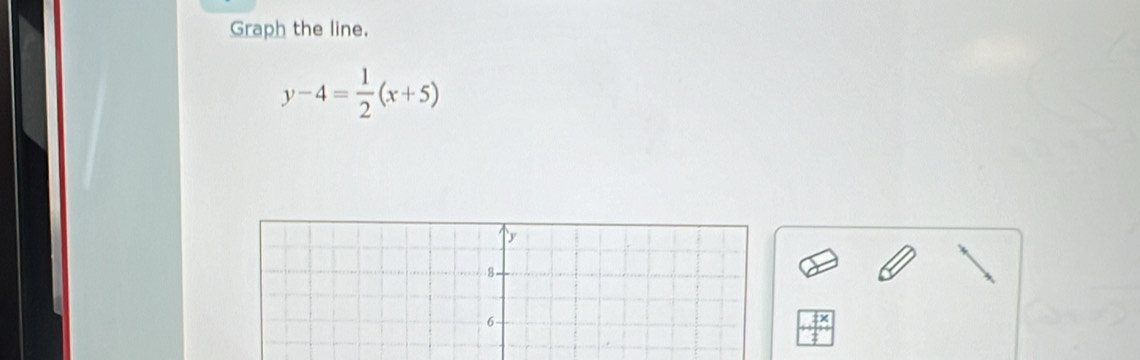 Graph the line.
y-4= 1/2 (x+5)