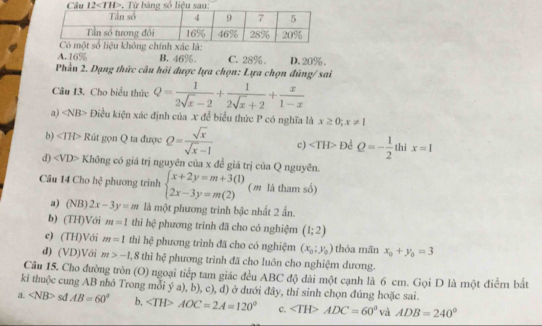 Câu 12. Từ bảng số liệu sau:
chính xác là:
A.16% B. 46%. C. 28%. D. 20%.
Phần 2. Dạng thức câu hồi được lựa chọn: Lựa chọn đúng/ sai
Câu 13. Cho biểu thức Q= 1/2sqrt(x)-2 + 1/2sqrt(x)+2 + x/1-x 
a) Điều kiện xác định của x để biểu thức P có nghĩa là x≥ 0;x!= 1
b) · AH> Rút gọn Q ta được Q= sqrt(x)/sqrt(x)-1  c) ∠ TH> Để Q=- 1/2  thì x=1
d) < <tex>VD> Không có giá trị nguyên của x để giá trị của Q nguyên.
Câu 14 Cho hhat e phương trình beginarrayl x+2y=m+3(1) 2x-3y=m(2)endarray. (m là tham số)
a) (NB) 2x-3y=m là một phương trình bậc nhất 2 ần.
b) (TH)Với m=1 thì hệ phương trình đã cho có nghiệm (1;2)
c) (TH)Với m=1 thì hệ phương trình đã cho có nghiệm (x_0;y_0) thỏa mãn x_0+y_0=3
d) (VD)Với m>-1 , 8 thì hệ phương trình đã cho luôn cho nghiệm dương.
Câu 15. Cho đường tròn (O) ngoại tiếp tam giác đều ABC độ dài một cạnh là 6 cm. Gọi D là một điểm bất
kì thuộc cung AB nhỏ Trong mỗi ý a), b), c), d) ở dưới đây, thí sinh chọn đúng hoặc sai.
a. sdAB=60° b. ∠ TH>AOC=2A=120° c. ∠ TH>ADC=60° và ADB=240°