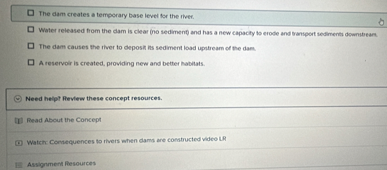 The dam creates a temporary base level for the river. 
Water released from the dam is clear (no sediment) and has a new capacity to erode and transport sediments downstream. 
The dam causes the river to deposit its sediment load upstream of the dam. 
A reservoir is created, providing new and better habitats. 
Need help? Review these concept resources. 
Read About the Concept 
Watch: Consequences to rivers when dams are constructed video LR 
Assignment Resources