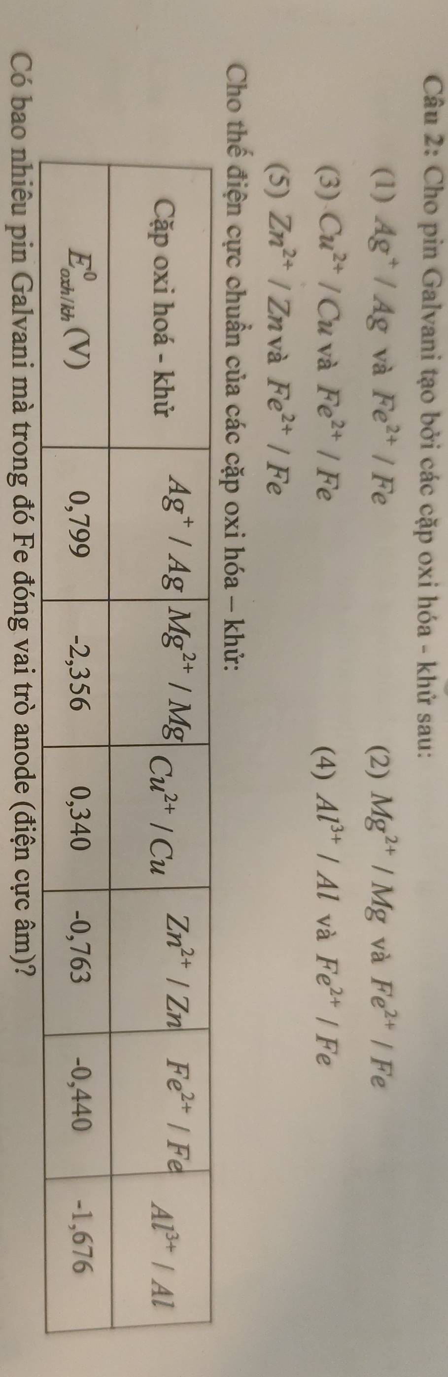 Cho pin Galvani tạo bởi các cặp oxi hóa - khử sau:
(1) Ag^+/Ag và Fe^(2+)/Fe (2) Mg^(2+)/Mg và Fe^(2+)/Fe
(3) Cu^(2+)/Cu và Fe^(2+)/Fe (4) Al^(3+)/Al và Fe^(2+)/Fe
(5) Zn^(2+)/Zn và Fe^(2+)/Fe
Cho thế điện cực chuẩn của các cặp oxi hóa - khử:
Có bao nhiêu pin Galvani mà trong đó Fe đóng vai trò anode (điện cực âm)?