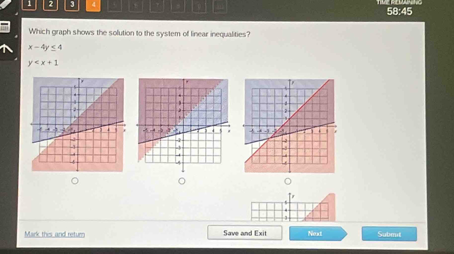 1 2 3 4 5 t ? 。 0 4 TIME REMAINING
58:45
Which graph shows the solution to the system of linear inequalities?
x-4y≤ 4
y

r
5
4
3
Mark this and return Save and Exit Next Submit