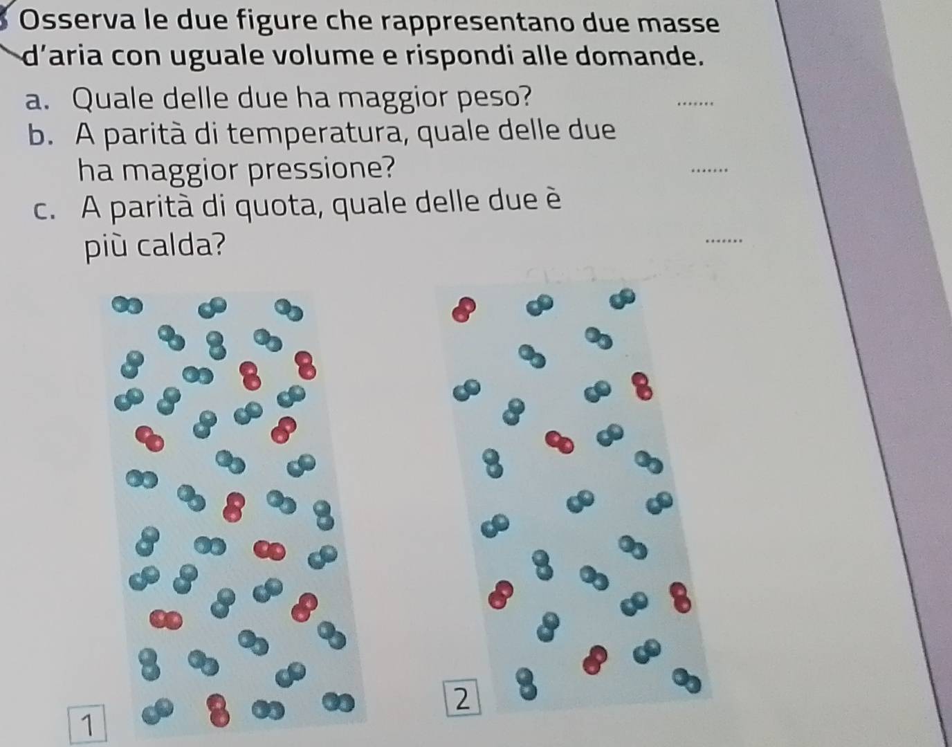 Osserva le due figure che rappresentano due masse 
d’aria con uguale volume e rispondi alle domande. 
a. Quale delle due ha maggior peso? 
_ 
b. A parità di temperatura, quale delle due 
ha maggior pressione? 
_ 
c. A parità di quota, quale delle due è 
pi calda? 
_ 
1