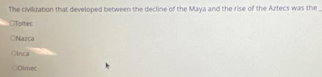 The civilization that developed between the decline of the Maya and the rise of the Aztecs was the _
○Toltec
○Nazca
OInca
Olmec