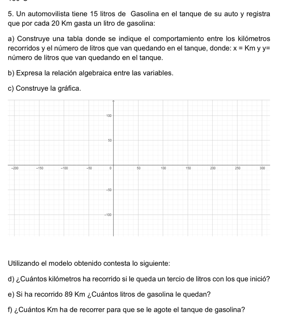 Un automovilista tiene 15 litros de Gasolina en el tanque de su auto y registra 
que por cada 20 Km gasta un litro de gasolina: 
a) Construye una tabla donde se indique el comportamiento entre los kilómetros 
recorridos y el número de litros que van quedando en el tanque, donde: x=Km y y=
número de litros que van quedando en el tanque. 
b) Expresa la relación algebraica entre las variables. 
c) Construye la gráfica. 
Utilizando el modelo obtenido contesta lo siguiente: 
d) ¿Cuántos kilómetros ha recorrido si le queda un tercio de litros con los que inició? 
e) Si ha recorrido 89 Km ¿Cuántos litros de gasolina le quedan? 
f) ¿Cuántos Km ha de recorrer para que se le agote el tanque de gasolina?