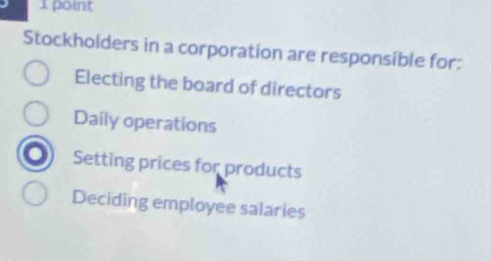 Stockholders in a corporation are responsible for:
Electing the board of directors
Daily operations
Setting prices for products
Deciding employee salaries