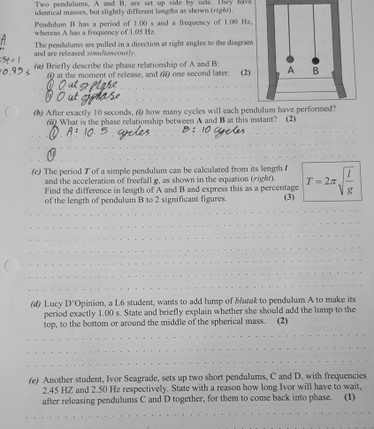 Two pendulums, A and B, are set up side by side. They have 
identical masses, but slightly different lengths as shown (rigw). 
Pendulum B has a period of 1.00 s and a frequency of 1.00 Hz
whereas A has a frequency of 1.05 Hz
The pendulums are pulled in a direction at right angles to the diagram 
and are released simultancously. 
() Briefly describe the phase relationship of A and B : 
(1 at the moment of release, and (#) one second later. (2) 
(b) After exactly 10 seconds. (i) how many cycles will each pendulum have performed? 
(@ What is the phase relationship between A and B at this instant? (2) 
(c) The period T of a simple pendulum can be calculated from its length / T=2π sqrt(frac l)g
and the acceleration of freefall g, as shown in the equation (righr). 
Find the difference in length of A and B and express this as a percentage 
of the length of pendulum B to 2 significant figures. (3) 
(d) Lucy L 'Opinion, a L6 student, wants to add lump of butak to pendulum A to make its 
period exactly 1.00 s. State and briefly explain whether she should add the lump to the 
top, to the bottom or around the middle of the spherical mass. (2) 
(e) Another student, Ivor Seagrade, sets up two short pendulums, C and D, with frequencies
2.45 HZ and 2.50 Hz respectively. State with a reason how long Ivor will have to wait, 
after releasing pendulums C and D together, for them to come back into phase. (1)