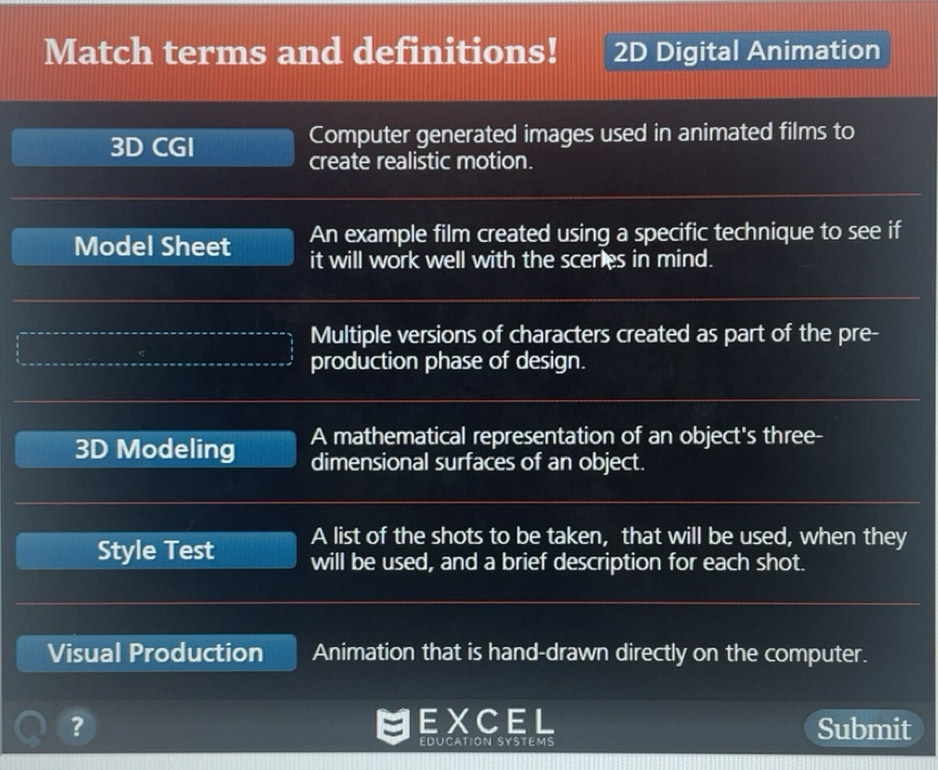 Solved: Match terms and definitions! 2D Digital Animation 3D CGI ...