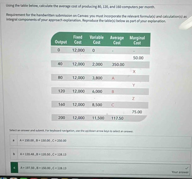 Using the table below, calculate the average cost of producing 80, 120, and 160 computers per month.
Requirement for the handwritten submission on Canvas: you must incorporate the relevant formula(s) and calculation(s) as
integral components of your approach explanation. Reproduce the table(s) below as part of your explanation.
Select an answer and submit. For keyboard navigation, use the up/down arrow keys to select an answer.
a A=150.00, B=150.00, C=250.00
b A=120.48, B=120.50, C=128.13
A=197.50, B=150.00, C=128.13
Your answer