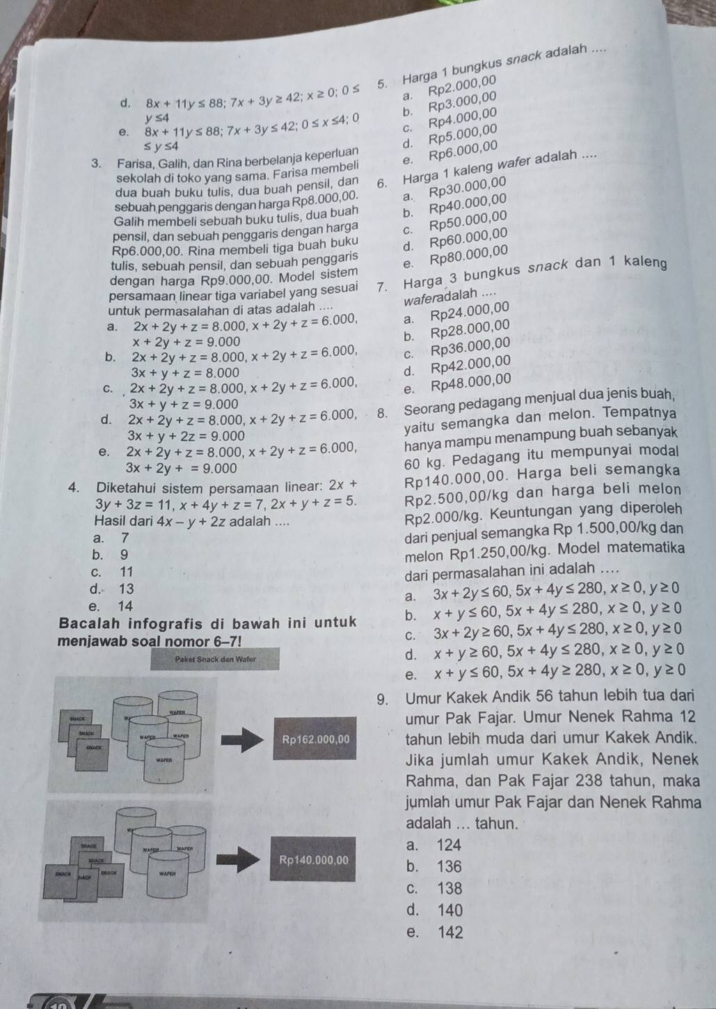 Harga 1 bungkus snack adalah ...
a. Rp2.000,00
d. 8x+11y≤ 88;7x+3y≥ 42;x≥ 0;0≤ b. Rp3.000,00
e. 8x+11y≤ 88;7x+3y≤ 42;0≤ x≤ 4;0 y:
c. Rp4.000,00
≤ y≤ 4
d. Rp5.000,00
e. Rp6.000,00
3. Farisa, Galih, dan Rina berbelanja keperluan
sekolah di toko yang sama. Farisa membeli
dua buah buku tulis, dua buah pensil, dan 6. Harga 1 kaleng wafer adalah ...
sebuah penggaris dengan harga Rp8.000,00. a. Rp30.000,00
Galih membeli sebuah buku tulis, dua buah b. Rp40.000,00
pensil, dan sebuah penggaris dengan harga c. Rp50.000,00
Rp6.000,00. Rina membeli tiga buah buku d. Rp60.000,00
tulis, sebuah pensil, dan sebuah penggaris e. Rp80.000,00
dengan harga Rp9.000,00. Model sistem
persamaan linear tiga variabel yang sesuai 7. Harga 3 bungkus snack dan 1 kaleng
waferadalah ....
untuk permasalahan di atas adalah ....
a. Rp24.000,00
a. 2x+2y+z=8.000,x+2y+z=6.000, b. Rp28.000,00
x+2y+z=9.000
b. 2x+2y+z=8.000,x+2y+z=6.000, c. Rp36.000,00
3x+y+z=8.000
d. Rp42.000,00
C. 2x+2y+z=8.000,x+2y+z=6.000, e. Rp48.000,00
d. 2x+2y+z=8.000,x+2y+z=6.000, 8. Seorang pedagang menjual dua jenis buah.
3x+y+z=9.000
3x+y+2z=9.000
yaitu semangka dan melon. Tempatnya
e. 2x+2y+z=8.000,x+2y+z=6.000, hanya mampu menampung buah sebanyak
3x+2y+=9.000
60 kg. Pedagang itu mempunyai modal
4. Diketahui sistem persamaan linear: 2x+ Rp140.000,00. Harga beli semangka
3y+3z=11,x+4y+z=7,2x+y+z=5. Rp2.500,00/kg dan harga beli melon
Hasil dari 4x-y+2z adalah ....
Rp2.000/kg. Keuntungan yang diperoleh
a. 7
dari penjual semangka Rp 1.500,00/kg dan
b. 9
melon Rp1.250,00/kg. Model matematika
c. 11
d. 13 dari permasalahan ini adalah ....
a. 3x+2y≤ 60,5x+4y≤ 280,x≥ 0, ≥ 0
e. 14
Bacalah infografis di bawah ini untuk b. x+y≤ 60,5x+4y≤ 280,x≥ 0,y≥ 0
menjawab soal nomor 6-7!
C. 3x+2y≥ 60,5x+4y≤ 280,x≥ 0,y≥ 0
d. x+y≥ 60,5x+4y≤ 280,x≥ 0,y≥ 0
e. x+y≤ 60,5x+4y≥ 280,x≥ 0,y≥ 0. Umur Kakek Andik 56 tahun lebih tua dari
umur Pak Fajar. Umur Nenek Rahma 12
tahun lebih muda dari umur Kakek Andik.
Jika jumlah umur Kakek Andik, Nenek
Rahma, dan Pak Fajar 238 tahun, maka
jumlah umur Pak Fajar dan Nenek Rahma
adalah ... tahun.
a. 124
b. 136
c. 138
d. 140
e. 142