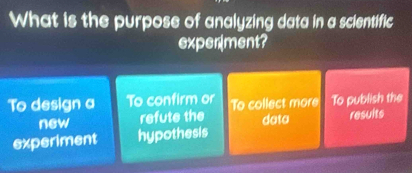 What is the purpose of analyzing data in a scientific
experment?
To design a To confirm or To collect more To publish the
new refute the data results
experiment hypothesis