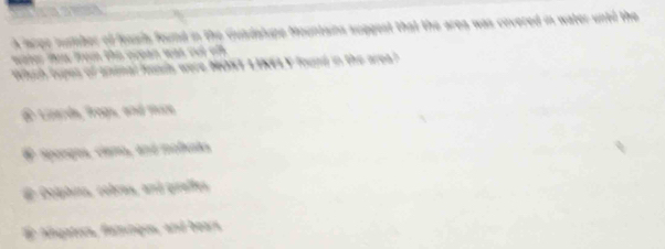 A large sumber of feasls found in the Guadalupe Mountains suggest that the area was covered in water untd the
water te from the ecean was cut w 
Which tupes of andnal hunds were NONT LINESY found in the area?
@ Lizerda, frogu, and man
# spengus, cano, and mobão
Dolphins, robras, and giraffes
Agaters, faminges, and bears