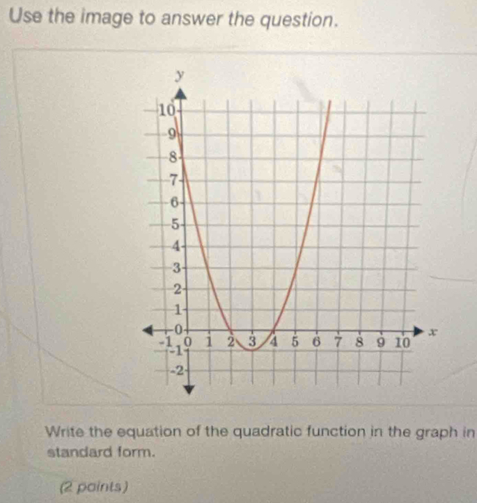 Use the image to answer the question. 
Write the equation of the quadratic function in the graph in 
standard form. 
(2 paints)