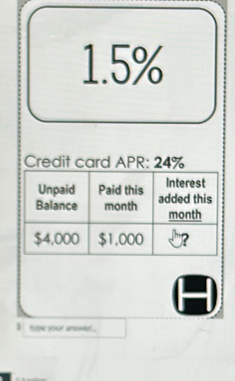 1. 5%
Credit card APR: 24%
$ type your answer.