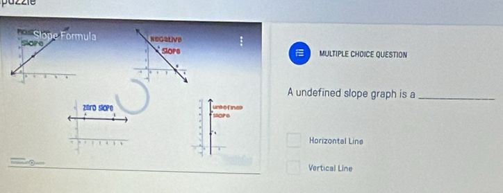 Necative
. SloPe MULTIPLE CHOICE QUESTION
.
A undefined slope graph is a_
zero slope store undofines
Horizontal Line
0 Vertical Line