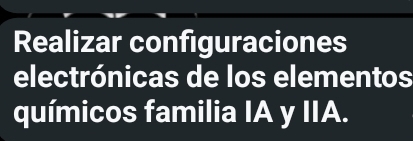 Realizar configuraciones 
electrónicas de los elementos 
químicos familia IA y IIA.