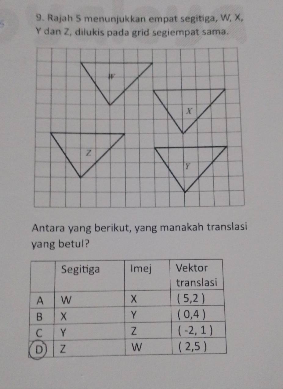 Rajah 5 menunjukkan empat segitiga, W, X,
Y dan Z, dilukis pada grid segiempat sama.
Antara yang berikut, yang manakah translasi
yang betul?