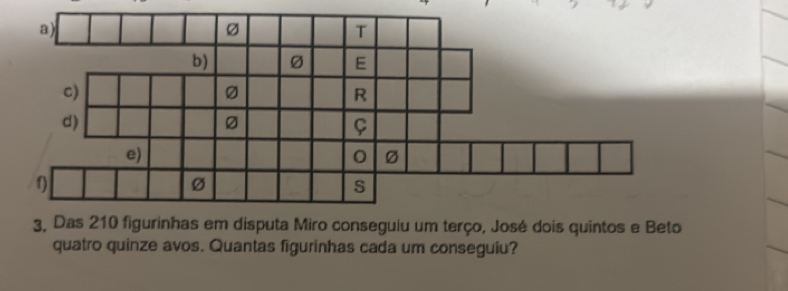 Das 210 figurinhas em disputa Miro conseguiu um terço, José dois quintos e Beto 
quatro quinze avos. Quantas figurinhas cada um conseguiu?