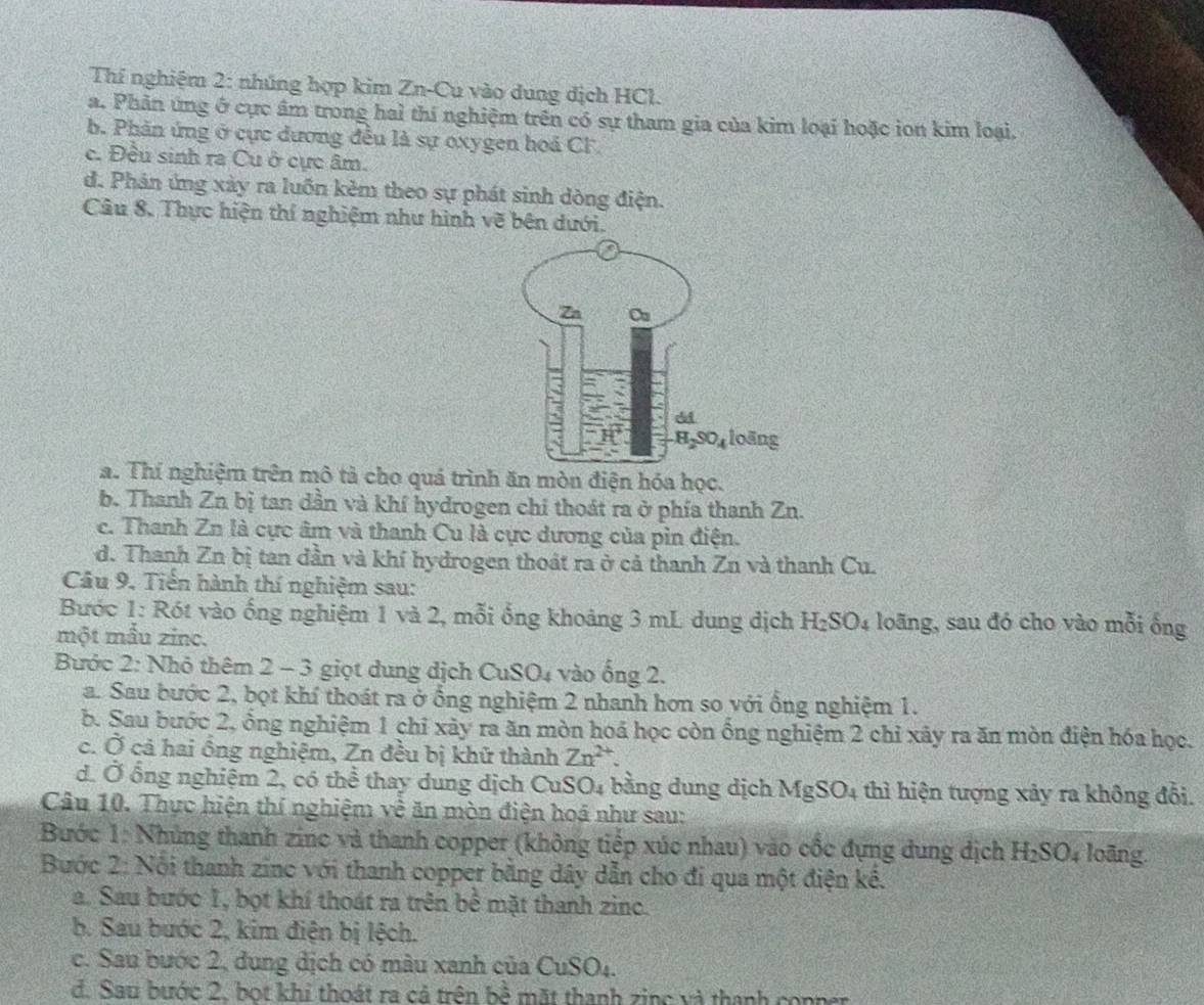 Thí nghiệm 2: nhúng hợp kim Zn-Cu vào dung dịch HCl.
a. Phản ứng ở cực âm trong hai thí nghiệm trên có sự tham gia của kim loại hoặc ion kim loại.
b. Phản ứng ở cực dương đều là sự oxygen hoả CF.
c. Đều sinh ra Cu ở cực âm.
d. Phản ứng xày ra luồn kẻm theo sự phát sinh dòng điện.
Câu 8. Thực hiện thí nghiệm như hình vẽ bên dưới.
a. Thí nghiệm trên mô tả cho quá trình ăn mòn điện hóa học.
b. Thanh Zn bị tan dần và khí hydrogen chi thoát ra ở phía thanh Zn.
c. Thanh Zn là cực âm và thanh Cu là cực dương của pin điện.
d. Thanh Zn bị tan dần và khí hydrogen thoát ra ở cả thanh Zn và thanh Cu.
Câu 9, Tiến hành thí nghiệm sau:
Bước 1: Rót vào ống nghiệm 1 và 2, mỗi ống khoảng 3 mL dung dịch H_2SO_4 a loãng, sau đó cho vào mỗi ống
một mẫu zinc.
Bước 2: Nhỏ thêm 2 - 3 giọt dung dịch CuSO₄ vào ống 2.
a. Sau bước 2, bọt khí thoát ra ở ổng nghiệm 2 nhanh hơn so với ổng nghiệm 1.
b. Sau bước 2, ổng nghiệm 1 chỉ xày ra ăn mòn hoá học còn ổng nghiệm 2 chỉ xây ra ăn mòn điện hóa học.
c. Ở cả hai ông nghiệm, Zn đều bị khữ thành Zn^(2+).
d. Ở ổng nghiệm 2, có thể thay dung dịch CuSO4 bằng dung dịch I MgSO_4 thì hiện tượng xảy ra không đổi.
Câu 10. Thực hiện thí nghiệm về ăn mòn điện hoá như sau:
Bước 1: Nhủng thanh zinc và thanh copper (không tiếp xúc nhau) vào cốc đựng dung dịch H_2SO. loãng
Bước 2: Nội thanh zinc với thanh copper bằng dây dẫn cho đi qua một điện kê.
a. Sau bước 1, bọt khí thoát ra trên bể mặt thanh zinc.
b. Sau bước 2, kim điện bị lệch.
c. Sau bước 2, dung dịch có màu xanh của CuSO_4
đ. Sau bước 2, bọt khi thoát ra cả trên bề mặt thanh zing và thanh conner