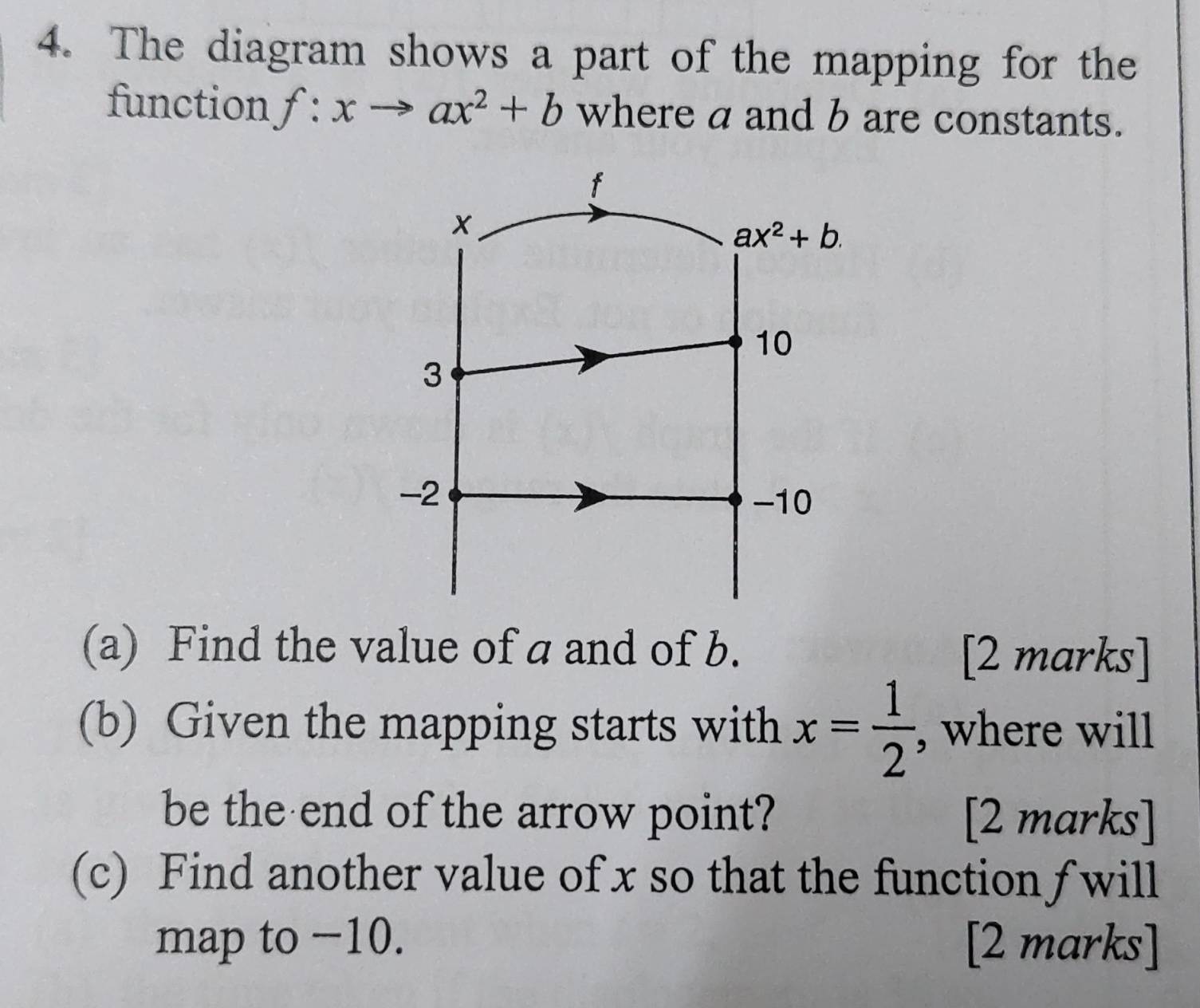 The diagram shows a part of the mapping for the 
function f:xto ax^2+b where a and b are constants.
f
ax^2+b.
10
3
-2
-10
(a) Find the value of a and of b. [2 marks] 
(b) Given the mapping starts with x= 1/2  , where will 
be the end of the arrow point? [2 marks] 
(c) Find another value of x so that the function ƒ will 
map to −10. [2 marks]