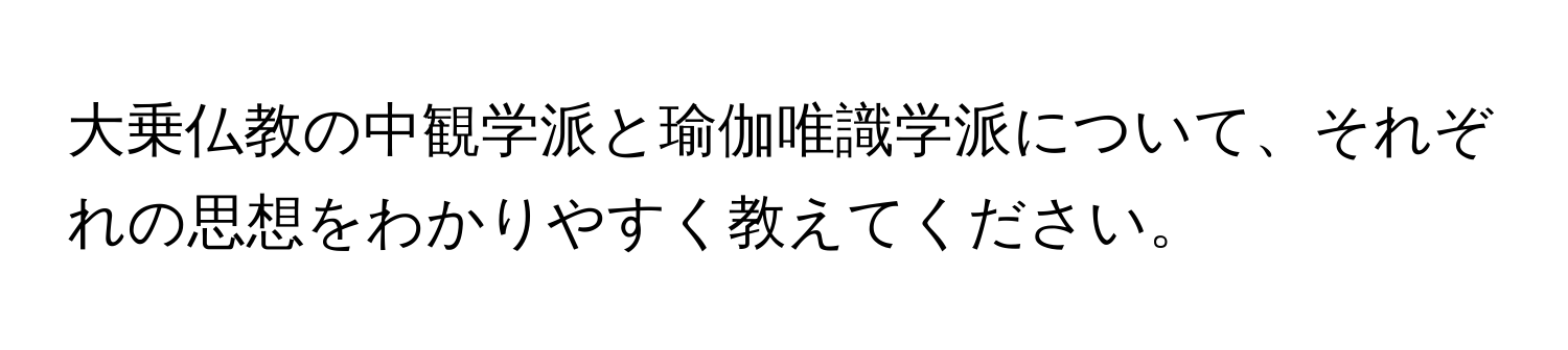 大乗仏教の中観学派と瑜伽唯識学派について、それぞれの思想をわかりやすく教えてください。