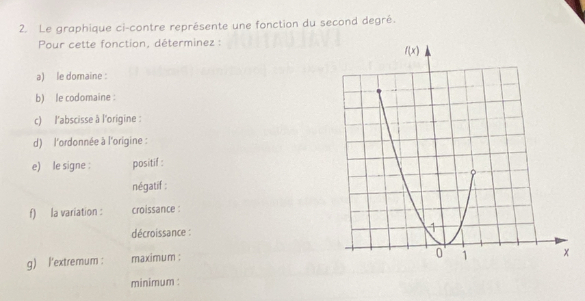 Le graphique ci-contre représente une fonction du second degré.
Pour cette fonction, déterminez :
a) le domaine :
b) le codomaine :
c) l'abscisse à l'origine :
d) l'ordonnée à l'origine :
e) le signe : positif :
négatif :
f) la variation : croissance :
décroissance : 
g) l'extremum : maximum :
minimum :