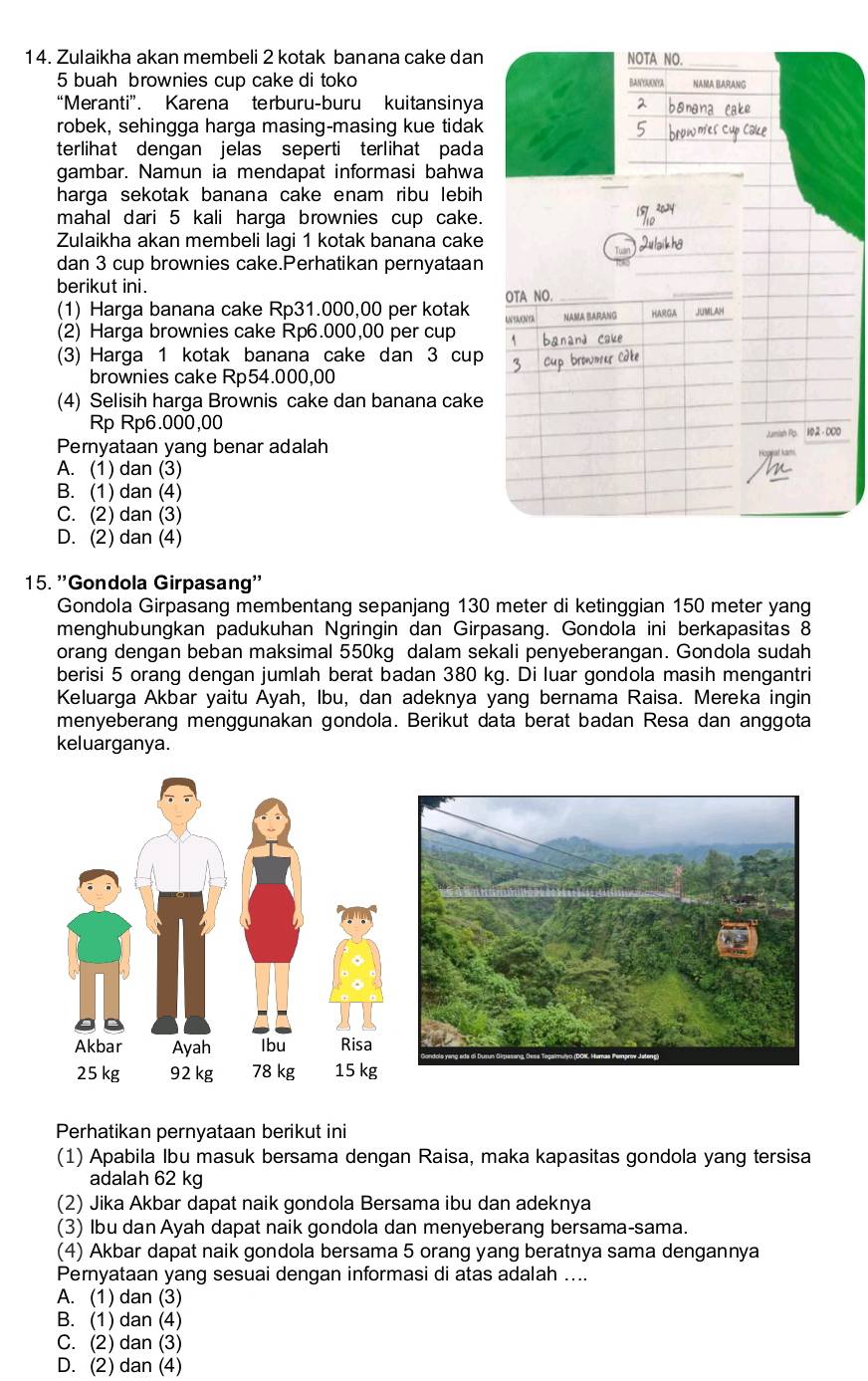 Zulaikha akan membeli 2 kotak banana cake dan NOTA NO._
5 buah brownies cup cake di toko BANYAKNYA NAMA BARANG
“Meranti”. Karena terburu-buru kuitansinya
robek, sehingga harga masing-masing kue tidak
terlihat dengan jelas seperti terlihat pada
gambar. Namun ia mendapat informasi bahwa
harga sekotak banana cake enam ribu lebih
mahal dari 5 kali harga brownies cup cake.
Zulaikha akan membeli lagi 1 kotak banana cake
dan 3 cup brownies cake.Perhatikan pernyataan
berikut ini
(1) Harga banana cake Rp31.000,00 per kotak OTA NO. _HARGA JUMLAH
(2) Harga brownies cake Rp6.000,00 per cup UNTAENTR NAMA BARANG
(3) Harga 1 kotak banana cake dan 3 cup
brownies cake Rp54.000,00
(4) Selisih harga Brownis cake dan banana cake
Rp Rp6.000,00
Pernyataan yang benar adalah Jumish Rp 192 -000
A. (1) dan (3)
B. (1) dan (4)
C. (2) dan (3)
D. (2) dan (4)
15. ''Gondola Girpasanq''
Gondola Girpasang membentang sepanjang 130 meter di ketinggian 150 meter yang
menghubungkan padukuhan Ngringin dan Girpasang. Gondola ini berkapasitas 8
orang dengan beban maksimal 550kg dalam sekali penyeberangan. Gondola sudah
berisi 5 orang dengan jumlah berat badan 380 kg. Di luar gondola masih mengantri
Keluarga Akbar yaitu Ayah, Ibu, dan adeknya yang bernama Raisa. Mereka ingin
menyeberang menggunakan gondola. Berikut data berat badan Resa dan anggota
keluarganya.
Akbar Ayah Ibu Risa
25 kg 92 kg 78 kg 15 kg
Perhatikan pernyataan berikut ini
(1) Apabila Ibu masuk bersama dengan Raisa, maka kapasitas gondola yang tersisa
adalah 62 kg
(2) Jika Akbar dapat naik gondola Bersama ibu dan adeknya
(3) Ibu dan Ayah dapat naik gondola dan menyeberang bersama-sama.
(4) Akbar dapat naik gondola bersama 5 orang yang beratnya sama dengannya
Pernyataan yang sesuai dengan informasi di atas adalah ....
A. (1) dan (3)
B. (1) dan (4)
C. (2) dan (3)
D. (2) dan (4)