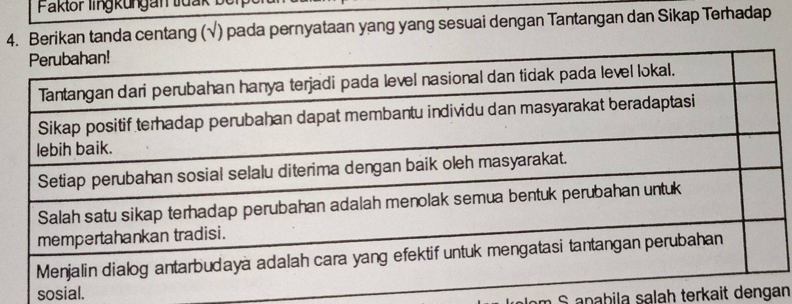 Paktor lingkungan tidak I 
4kan tanda centang (√) pada pernyataan yang yang sesuai dengan Tantangan dan Sikap Terhadap 
sosial. 
n S an ab ila salah terkait dengan