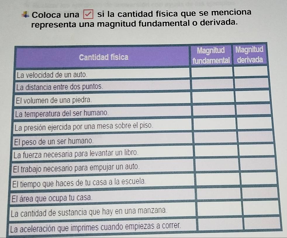 Coloca una si la cantidad física que se menciona 
representa una magnitud fundamental o derivada. 
La aceleración que imprimes cu