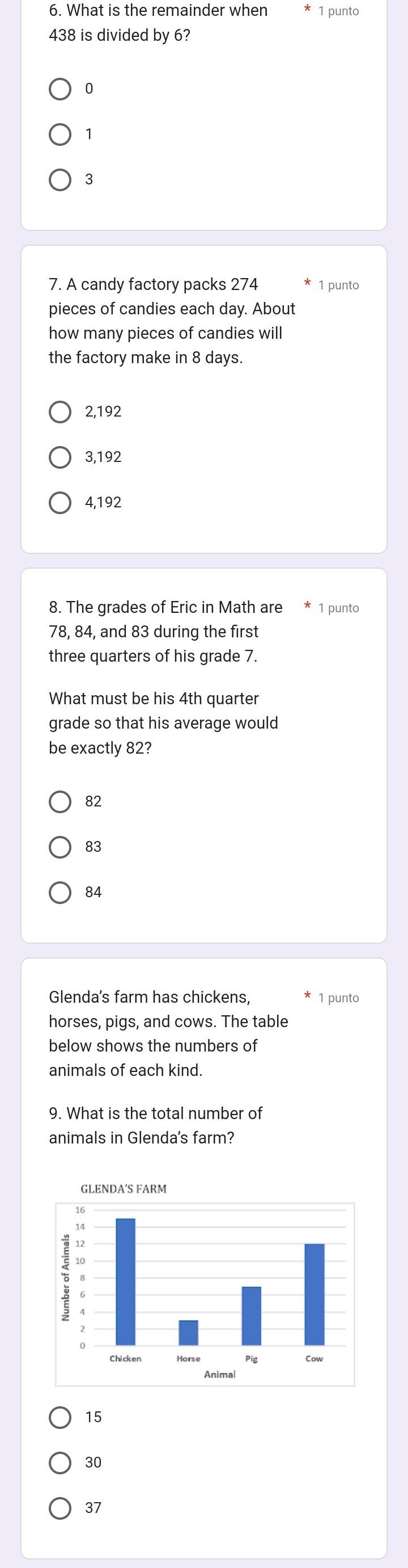 What is the remainder when 1 punto
438 is divided by 6?
0
1
3
7. A candy factory packs 274 1 punto
pieces of candies each day. About
how many pieces of candies will
the factory make in 8 days.
2,192
3,192
4,192
8. The grades of Eric in Math are * 1 punto
78, 84, and 83 during the first
three quarters of his grade 7.
What must be his 4th quarter
grade so that his average would
be exactly 82?
82
83
84
Glenda's farm has chickens, * 1 punto
horses, pigs, and cows. The table
below shows the numbers of
animals of each kind.
9. What is the total number of
animals in Glenda's farm?
15
30
37