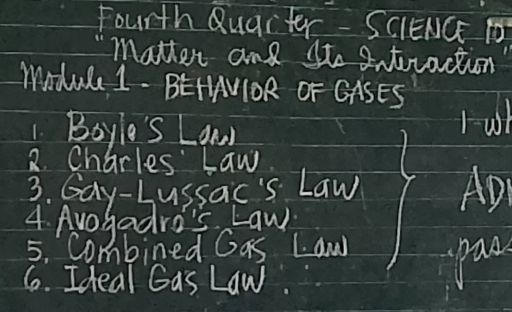 Fourth Quacter - SCIENCE 1 
matter and tte anturaction 
Mdul 1. BEHANIOR OF GASES 
1 Boyie's Land 
Fal 
2. Charles Law 
3. Gay-Lussac's Law 
Ap 
4. Avogadro's Law 
5. Combined Gas 1. and 
Pac 
6. Ideal Gas Law