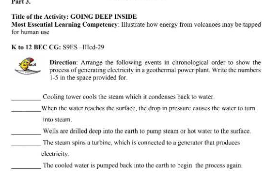 Title of the Activity: GOING DEEP INSIDE 
Most Essential Learning Competency: Illustrate how energy from volcanoes may be tapped 
for human use 
K to 12 BEC CG: S9ES -Illcd-29 
Direction: Arrange the following events in chronological order to show the 
process of generating electricity in a geothermal power plant. Write the numbers 
1-5 in the space provided for. 
_ 
Cooling tower cools the steam which it condenses back to water. 
_When the water reaches the surface, the drop in pressure causes the water to turn 
into steam. 
_Wells are drilled deep into the earth to pump steam or hot water to the surface. 
_The steam spins a turbine, which is connected to a generator that produces 
electricity. 
_The cooled water is pumped back into the earth to begin the process again.