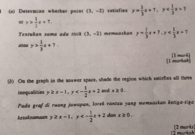 Determine whether point (3,-2) satisfies y= 1/3 x+7, y
or y> 1/3 x+7. 
Tentukan sama ada titik (3,-2) memuaskan y= 1/3 x+7, y
atau y> 1/3 x+7. 
[ì murk] 
[1 markah] 
(b) On the graph in the answer space, shade the region which satisfies all three 
inequalities y≥ x-1, y<- 1/2 x+2 and x≥ 0. 
Pada graf di ruang jawapan, lorek rantau yang memuaskan ketiga-tiga 
ketaksamaan y≥ x-1, y<- 1/2 x+2 dan x≥ 0. 
[2 marks] 
[2 markah]