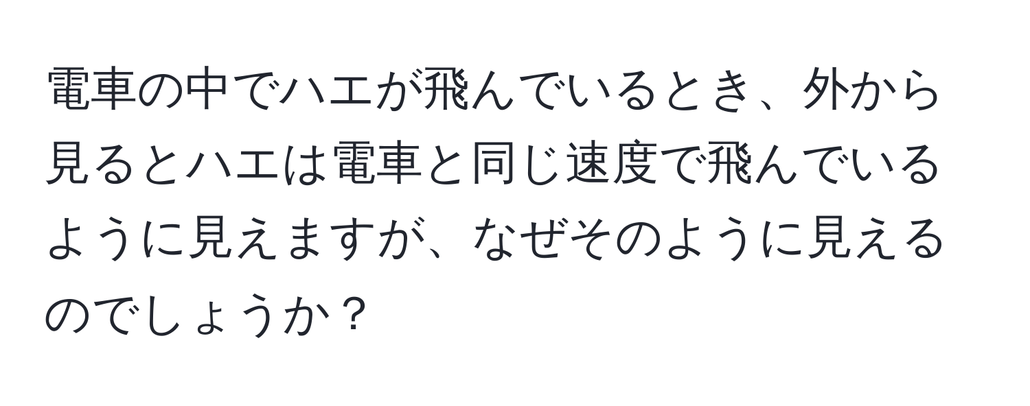 電車の中でハエが飛んでいるとき、外から見るとハエは電車と同じ速度で飛んでいるように見えますが、なぜそのように見えるのでしょうか？