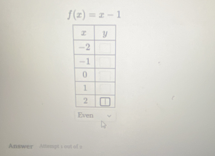 f(x)=x-1
Even
Answer Attempt 1 out of 2