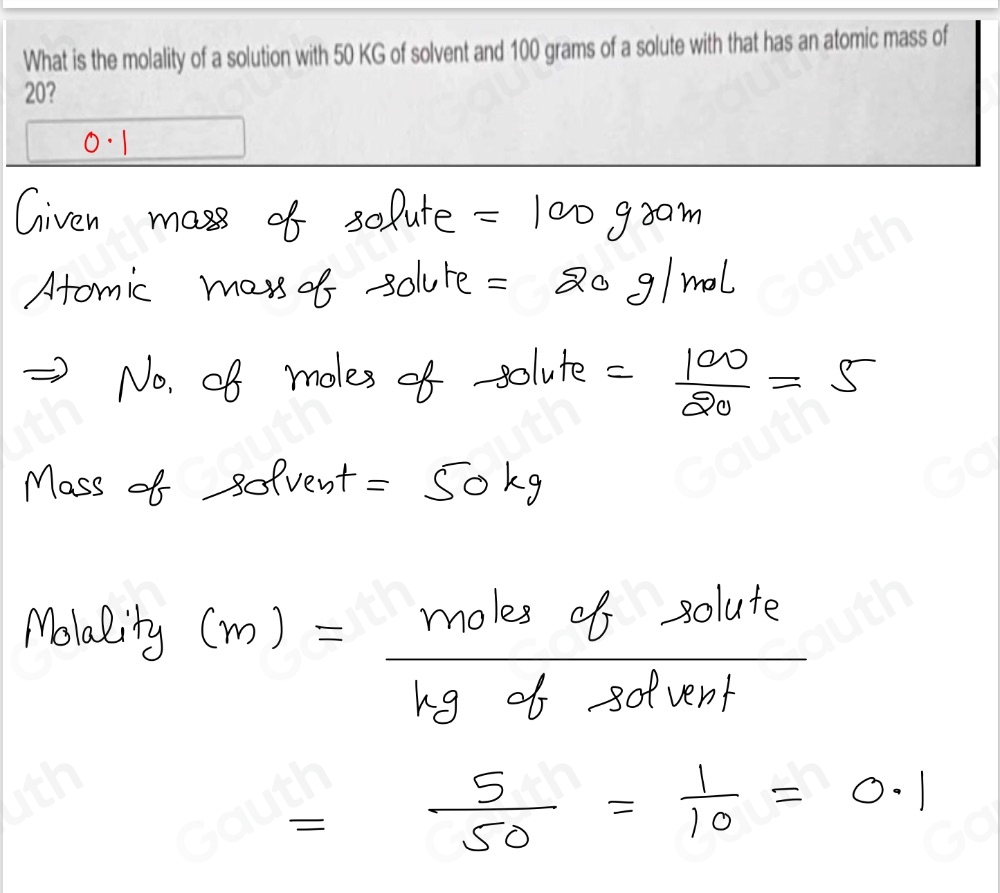 Solved: What is the molality of a solution with 50 KG of solvent and ...