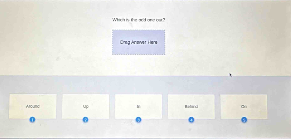 Which is the odd one out?
Drag Answer Here
Around Up In Behind On
2
5