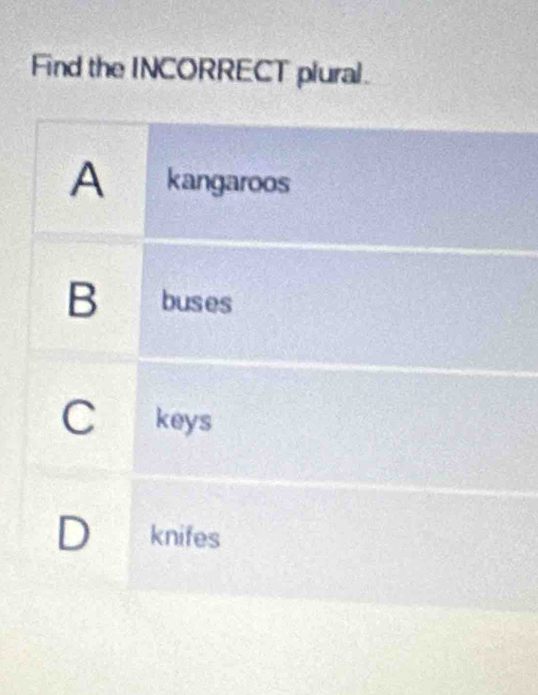 Find the INCORRECT plural.
A kangaroos
B buses
C keys
D knifes