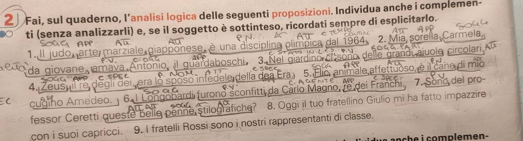 Fai, sul quaderno, l’analisi logica delle seguenti proposizioni. Individua anche i complemen- 
ti (senza analizzarli) e, se il soggetto è sottinteso, ricordati sempre di esplicitarlo. 
1. Il judo, arte marziale giapponese, è una disciplina olímpica dal 1964. 2. Mia sorella Carmela, 
da giovane, amava Antonio, il guardaboschi. 3. Nel giardíno delle grandi ajuole circolari 
4. Zeus dei, era lo sposo infedele della 5. Élio, animale affettuoso, è il cane di mi 
cugino Amedeo. 6 pardi furono sconfitti da Carlo Magno dei Franchi. 7. Sono del pro 
fessor Ceretti queste belle penne stilografiche? 8. Oggi il tuo fratellino Giulio mi ha fatto impazzire 
con i suoi capricci. 9. I fratelli Rossi sono i nostri rappresentanti di classe. 
che i complemen-