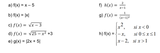 f(x)=x-5 f) h(x)= 2/x-1 
b) f(x)=|x| g) f(x)=frac 1(x-1)^2
c) f(x)=sqrt(x-3)
d) f(x)=sqrt(25-x^2)+3 h f(x)=beginarrayl x^2,six<0 -x,si0≤ x≤ 1 x-2,six>1endarray.
e) g(x)=|2x+5|