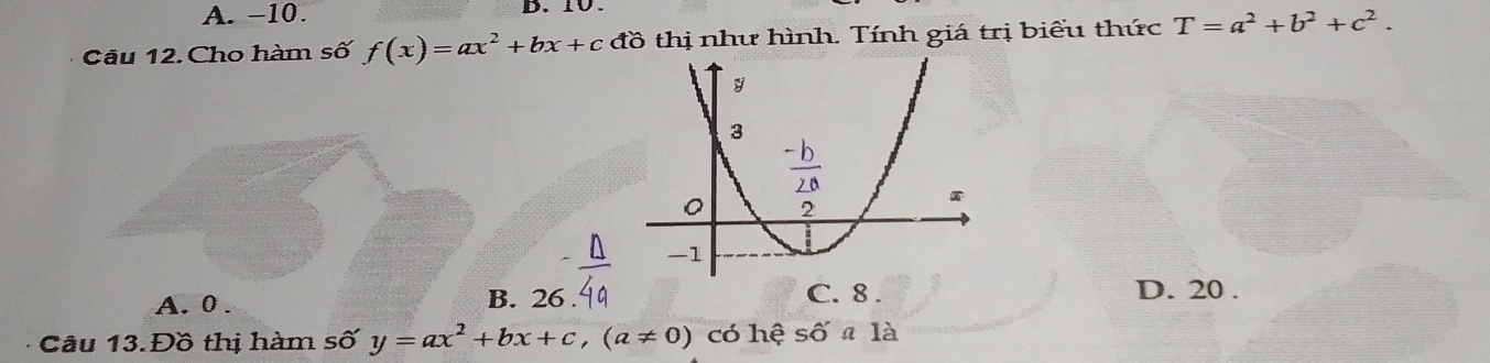 A. −10. B. 10.
Câu 12. Cho hàm số f(x)=ax^2+bx+cdθ thị như hình. Tính giá trị biểu thức T=a^2+b^2+c^2.
C. 8.
A. 0. B. 26. D. 20.
Câu 13. Đồ thị hàm số y=ax^2+bx+c, (a!= 0) có hhat e shat Oaldot a