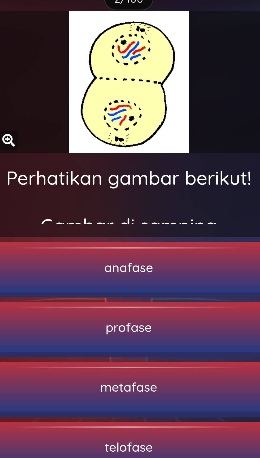 Perhatikan gambar berikut!
anafase
profase
metafase
telofase