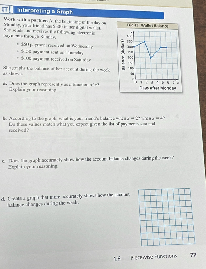 IT ! Interpreting a Graph 
Work with a partner. At the beginning of the day on 
Monday, your friend has $300 in her digital wallet. 
She sends and receives the following electronic 
payments through Sunday.
$50 payment received on Wednesday
$150 payment sent on Thursday
$100 payment received on Saturday 
She graphs the balance of her account during the week
as shown. 
a. Does the graph represent y as a function of x? 
Explain your reasoning. 
b. According to the graph, what is your friend’s balance when x=2 ? when x=4 ? 
Do these values match what you expect given the list of payments sent and 
received? 
c. Does the graph accurately show how the account balance changes during the week? 
Explain your reasoning. 
d. Create a graph that more accurately shows how the account 
balance changes during the week. 
1.6 Piecewise Functions 77