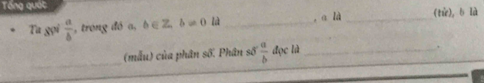 Tổng quát 
Ta gọi  a/b  , trong đó a, b∈ Z, b!= 0 là _, a là_ 
(tử), b là 
(mẫu) của phân số. Phân số  a/b  đọc là_ 
、 
_