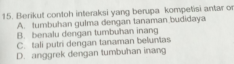 Berikut contoh interaksi yang berupa kompetisi antar or
A. tumbuhan gulma dengan tanaman budidaya
B. benalu dengan tumbuhan inang
C. tali putri dengan tanaman beluntas
D. anggrek dengan tumbuhan inang