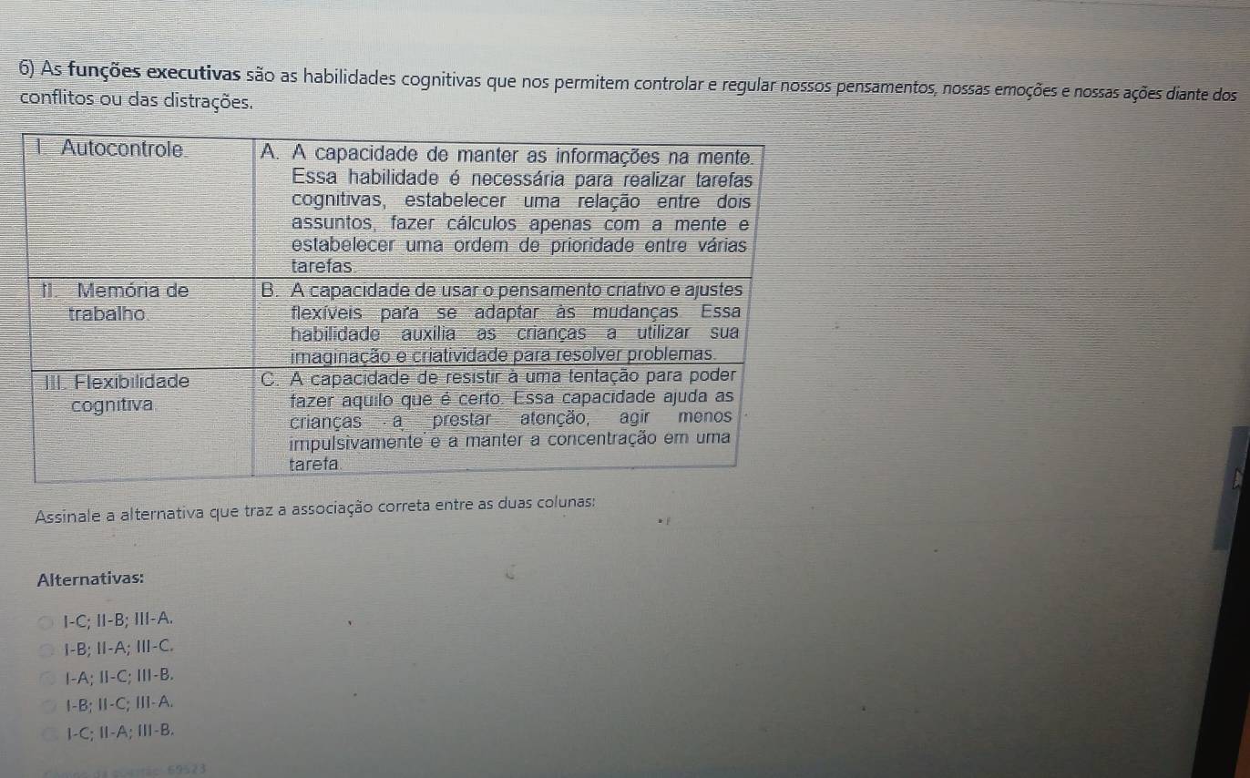 As funções executivas são as habilidades cognitivas que nos permitem controlar e regular nossos pensamentos, nossas emoções e nossas ações diante dos
conflitos ou das distrações.
Assinale a alternativa que traz a associação correta entre as duas colunas:
Alternativas:
I-C; II-B; III-A.
I-B; Ⅱ-A; Ⅲ-C.
I-A; Ⅱ-C; Ⅲ-B.
I-B; Ⅱ-C; Ⅲ-A.
I-C; Ⅱ-A; Ⅲ-B.
69523