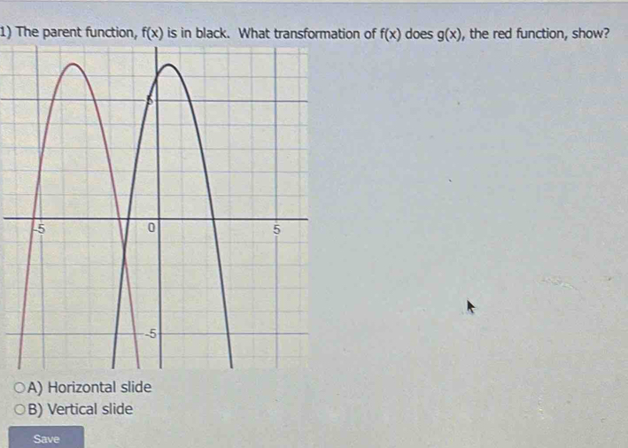 The parent function, f(x) is in black. What transformation of f(x) does g(x) , the red function, show?
A) Horizontal slide
B) Vertical slide
Save