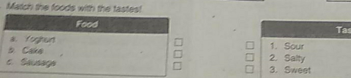 Match the foods with the tastes! 
Tas 
1. Sour 
2. Salty 
3. Sweet